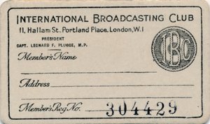 International Broadcasting Club: Mitgliedskarte, um 1930er Jahre