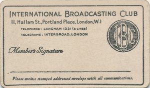 International Broadcasting Club: Mitgliedskarte, ca. 1930er Jahre