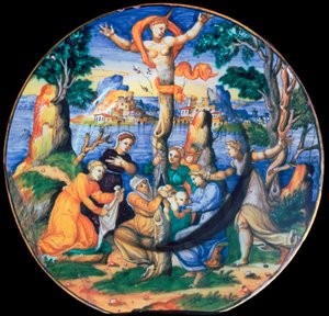 Italienischer Irdenware-Teller, der die Geburt des Adonis zeigt, ca. 16. Jahrhundert von Unbekannt