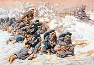 Japaner schießen auf russischen Rotkreuz-Zug, Russisch-Japanischer Krieg, 1904 von Unbekannt