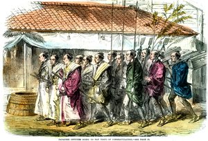 Japanische Offiziere gehen zu Gratulationsbesuchen, Japan, 1865 von Unbekannt