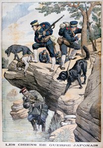 Japanische Soldaten mit Hunden finden einen versteckten Russen, Russisch-Japanischer Krieg, 1904