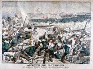 Japanische Truppen greifen russische Schützengräben an, Mukden, Mandschurei, Oktober 1904