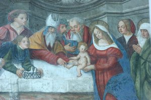 Jesus im Tempel Fresko an der Tür der Kathedrale Santa Maria, Aosta, Italien von Unbekannt