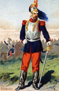 K: Kürassier. Gravur in "Militäralphabet". Initialen des Illustrators: A. D. Unbekannter Verlag. Chromolithographien Ende des 19. Jahrhunderts.