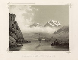Kåfjord in Finmark. Illustration aus dem Buch Norge fremstillet i Tegninger von P.Chr. Asbjørnsen, veröffentlicht von Chr. Tønsberg (Norwegen, 1848)
