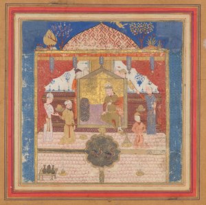 Khusrau Parviz vor seinem Vater Hurmuzd, Folio aus einem Shahnama