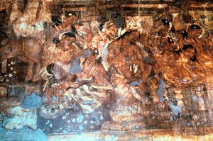 König Mahajanaka hört Königin Vivali zu, Ajanta-Höhlenfresko, Indien, 1.-5. Jahrhundert n. Chr.