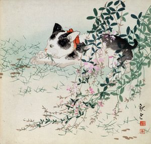 Kätzchen im Gras und Laubblumen - Japanischer Druck