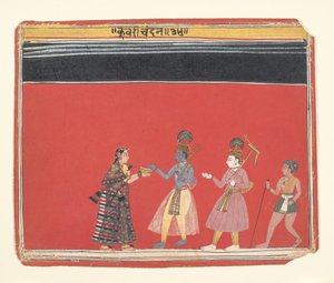 Krishna nimmt ein Angebot von der buckligen Frau Trivakra an..., ca. 1650 von Unbekannt