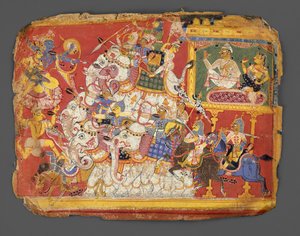 Krishna kämpft gegen die Armeen des Dämons Naraka: Seite aus einem Bhagavata Purana Manuskript, ca. 1540 von Unbekannt
