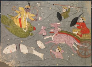 Krishna kämpft gegen die Söhne von Vanasura: Szene aus dem Aniruddha Usha Abschnitt von Krishna Lila, um 1840