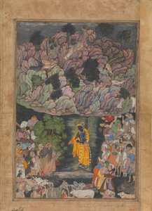 Krishna hält den Berg Govardhan hoch, um die Dorfbewohner von Braj zu schützen, Folio von..., ca. 1590-95