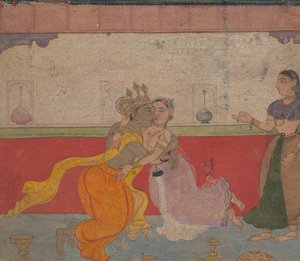 Krishna küsst Radha: Seite aus dem Boston Rasikapriya Liebesbreviarium, ca. 1610 von Unbekannt