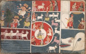 Krishna spielt die Flöte und andere Episoden aus dem Bhagavata Purana