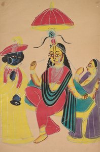 Krishna steht neben Radha, die auf einem Stuhl sitzt, 1800er Jahre