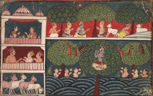 Krishna stiehlt die Kleider der Gopis, Seite aus dem Bhagavata Purana, ca. 1650