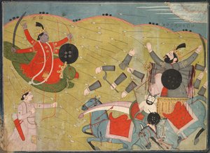 Krishna besiegt Vanasura: Szene aus dem Aniruddha Usha Abschnitt von Krishna Lila, um 1840