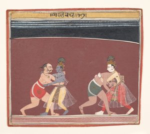 Krishna und Balarama kämpfen gegen die bösen Wrestler des Königs Kamsa, ca. 1650 von Unbekannt
