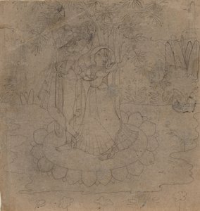 Krishna und Radha stehen auf einer Lotusblume, spätes 19. - frühes 20. Jahrhundert von Unbekannt