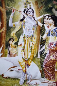 Krishna und die Gopi, dargestellt auf einem Hare-Krishna-Kalender, London, Großbritannien von Unbekannt