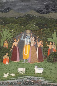 Krishna und die Gopis suchen Schutz vor dem Regen
