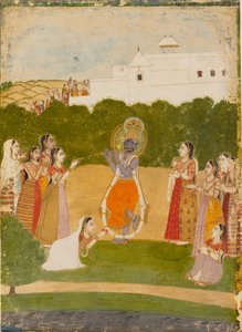 Krishna neben einem Fluss, der Flöte spielt, ca. 1720