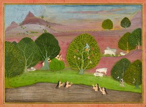 Krishna stiehlt die Kleider der Gopis, Folio aus einem Bhagavata Purana, ca. 1690-1700 von Unbekannt