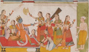 Krishna begrüßt Sudama, aus einem Bhagavata Purana