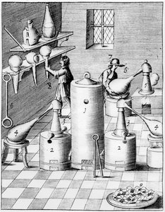Labor zur Raffination von Gold und Silber, zeigt typische Laborausrüstung, 1683 von Unbekannt
