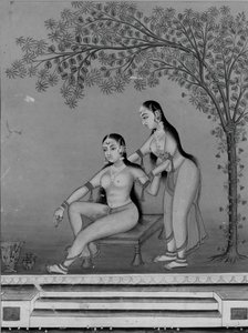 Dame bei ihrer Toilette mit Dienerin auf einer Terrasse, ca. 1800 von Unbekannt