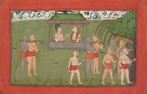 Lakshmana und Sugriva werden von einer Sänfte getragen, um Ramas Segen zu erhalten..., ca. 1710-25