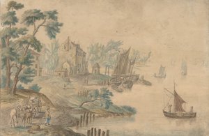 Landschaft mit Pferden und Karren und einem Fluss rechts, 18. Jahrhundert von Unbekannt