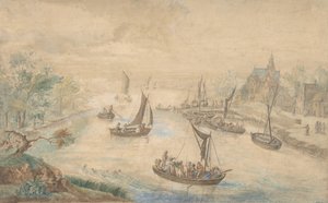Landschaft mit Fluss in der Mitte, mit Fähre von Unbekannt