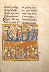 Blatt aus einem Beatus-Manuskript: Sieben Engel halten die Schalen der sieben letzten Plagen..., ca. 1180