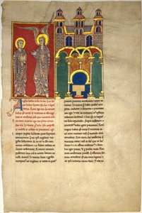 Blatt aus einem Beatus-Manuskript: der Engel der Kirche von Sardes mit dem heiligen Johannes, ca. 1180 von Unbekannt