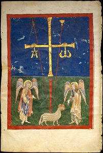 Blatt aus einem Beatus-Manuskript: das Lamm am Fuß des Kreuzes, flankiert von zwei Engeln, ca. 1180