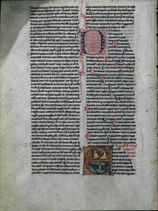 Blatt aus einer Bibel: Initiale E: Verschlungene Löwen und Schlangen 1 von 2 ausgeschnittenen Blättern, ca. 1225-50