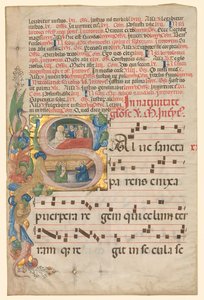 Blatt aus einem Graduale: Historisierte Initiale S[alve Sancta Parens] mit Geburt der Jungfrau recto, ca.