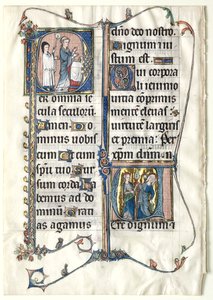Blatt aus einem Messbuch mit zwei historisierten Initialen: Initiale P[er omnia saecula saeculorum]..., ca. 1300