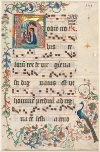 Blatt aus einem Antiphonar: Initiale H mit der Geburt Christi recto und Text verso, ca. 1480