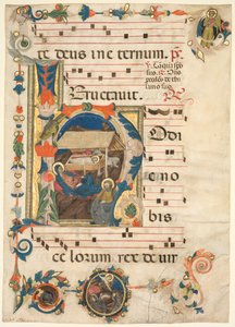 Blatt aus einem Antiphonar mit historisierter Initiale H mit der Geburt Christi recto und Musik verso