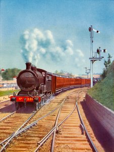 Abfahrt aus Dublin. Zug der Great Southern Railways, gezogen von einer 4-4-0 Personenzuglokomotive, 1935