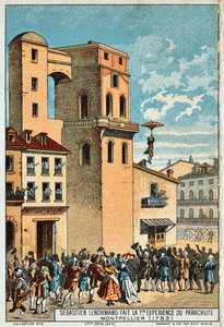 Lenormand springt vom Turm des Observatoriums von Montpellier, 1783, 19. Jahrhundert