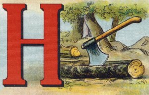 Buchstabe H: Axt. Gravur in "Alphabet de ma petite fille". Bernardin-Bechet und Fils, Buchhändler-Verleger, Paris, um 1895. Unzerbrechliches Album auf Leinwand. Bibliotheque des Bebes. 12 Seiten. Album mit einer Lesemethode und einem illustrierten Abecedar