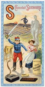 Buchstabe S: Sonne, Aussaat, Sämann, Diener, Erstaunen, Soldat, Schwert, Sattel, Schlange, Statue, Huf, Tasche. Gravur des Alphabets herausgegeben von Chocolat Suchard, Anfang des 20. Jahrhunderts. 24 Chromolithographien, die Orte, Charaktere und Objekte d