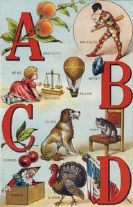 Buchstaben A B C D; Aprikosen; Harlekin; Waage; Ballon; Bebe; Kirschen; Katze Stuhl; Hund; Decke; Teufel; Truthahn; Flagge. Gravur in "Alphabet de ma petite fille". Bernardin-Bechet und Fils, Buchhändler-Verleger, Paris, um 1895. Unzerbrechliches Album auf