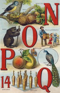 Buchstaben N O P Q; Nest; Haselnüsse; Drehorgel; Bär; Pfau; Schmetterling Apfel Birne; Kugeln