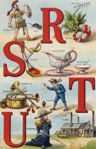 Buchstaben R S T U; Rettich Rechen; Römer; Säbel; Sauciere Zucker; Trompete Trommel; Kreisel; Uniform; Fabrik. Gravur in "Alphabet de ma petite fille". Bernardin-Bechet und Fils, Buchhändler-Verleger, Paris, um 1895. Unzerbrechliches Album auf Leinwand. Bi