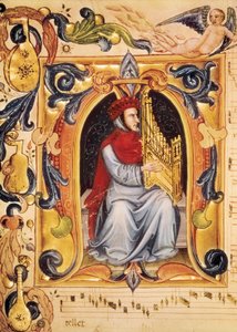 Lettrine mit einem Mann und einer Orgel, Beginn einer Partitur aus dem Codex Squarcialupi